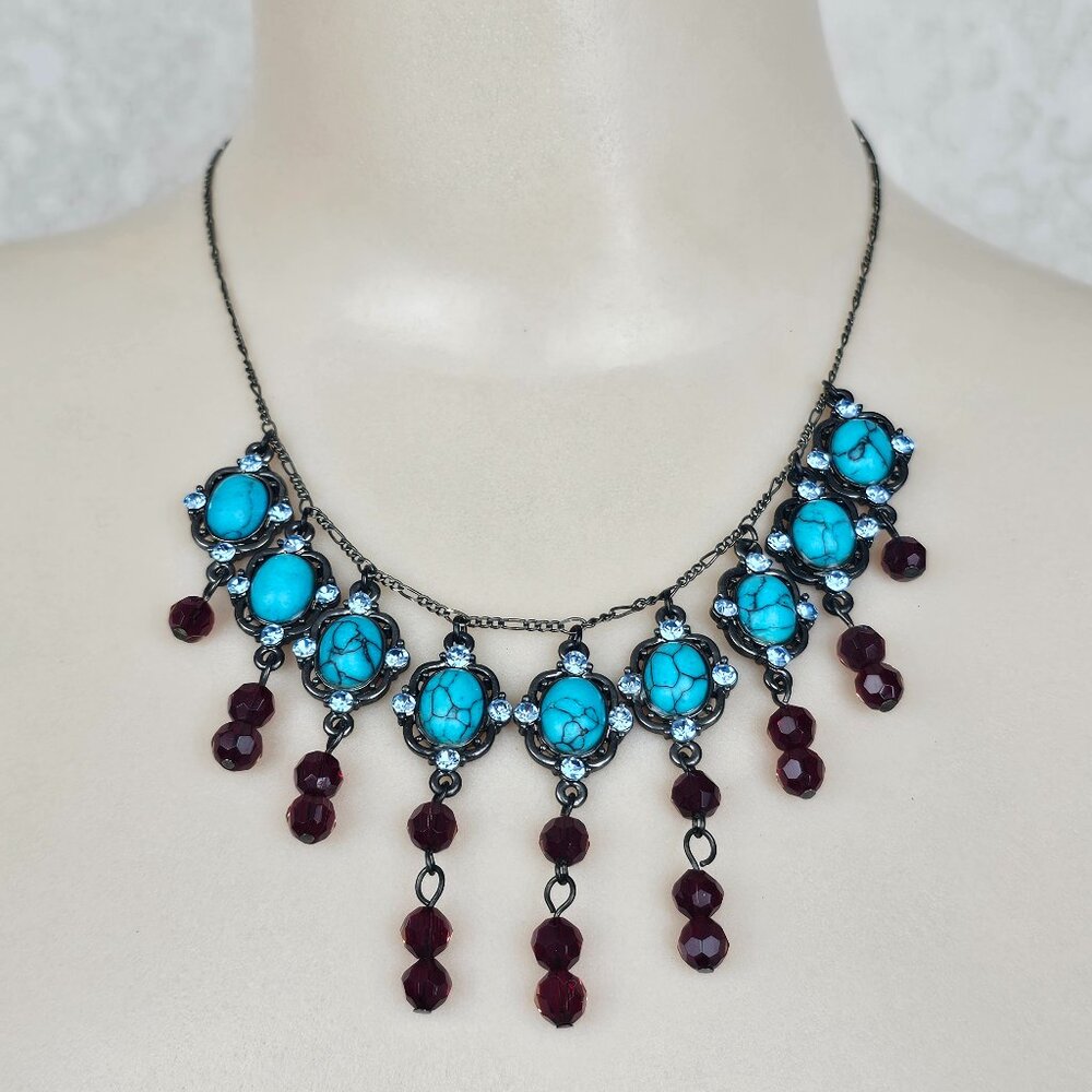Victorian‎ Style Bib Choker Necklace Faux Turquoise Rhinestone Red Glass Bead